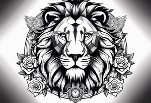 lion side face clock rose cross chain wing on thigh tattoo idea