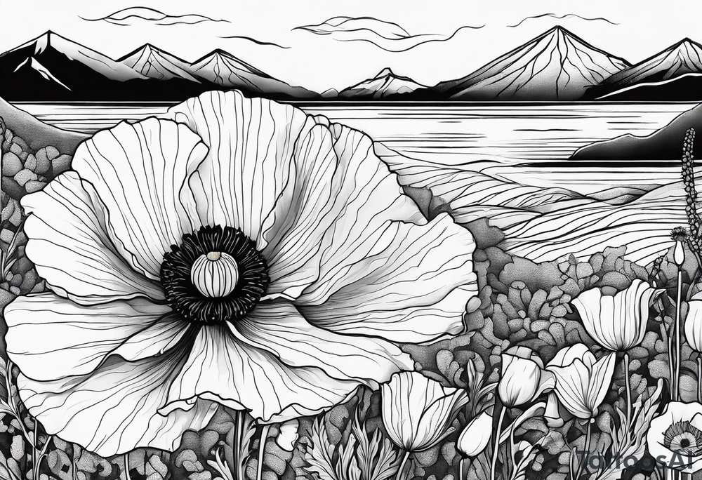 Poppy flower with colorado mountains and the ocean tattoo idea