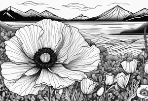 Poppy flower with colorado mountains and the ocean tattoo idea