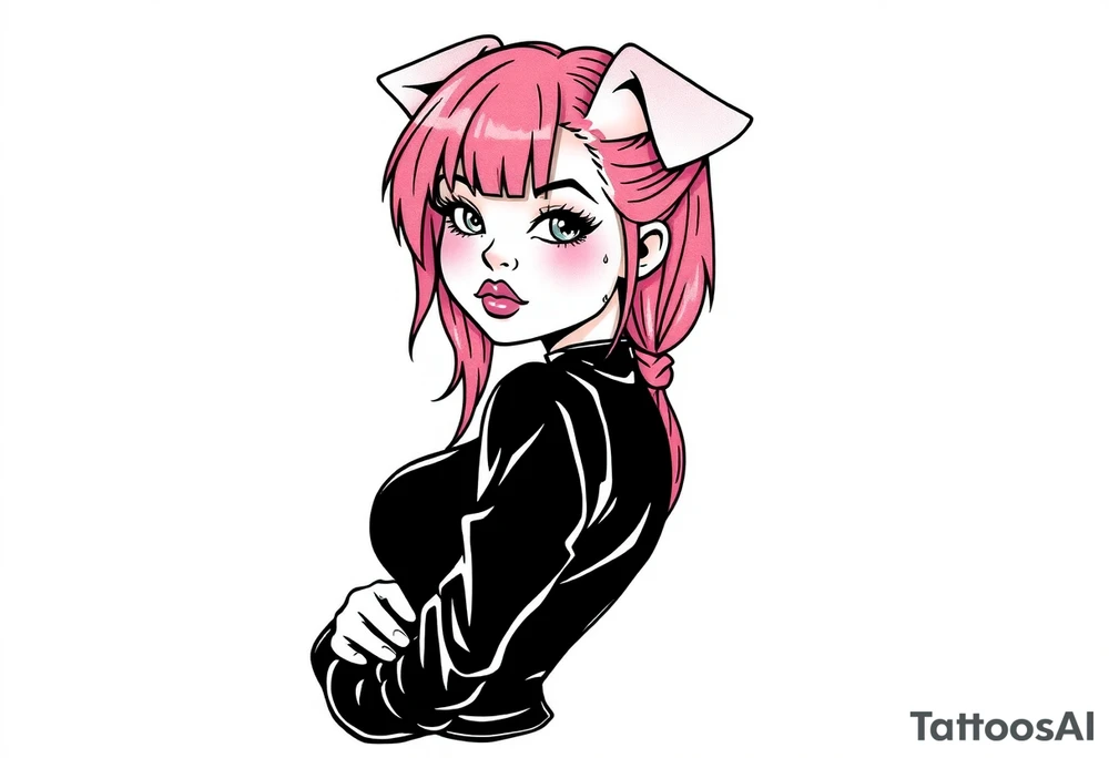 hot goth girl with puppy ears and with piercings on face and big boobs and big butt with black outfit on with pink hair tattoo idea