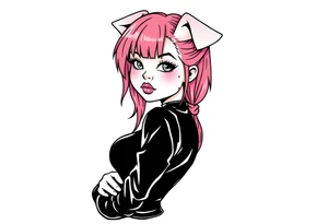 hot goth girl with puppy ears and with piercings on face and big boobs and big butt with black outfit on with pink hair tattoo idea
