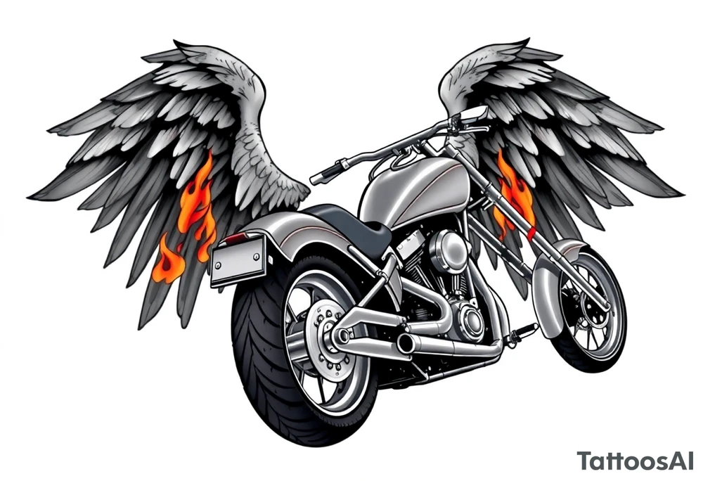 Low rider grey motorcycle, big muffler pipes with flames, angel wings, driving away, no person tattoo idea