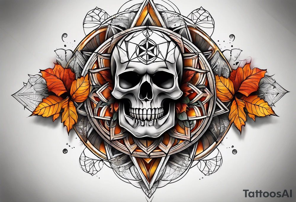 knee tattoo with sacred geometry, skull, swirls & washes in background in fall colors tattoo idea