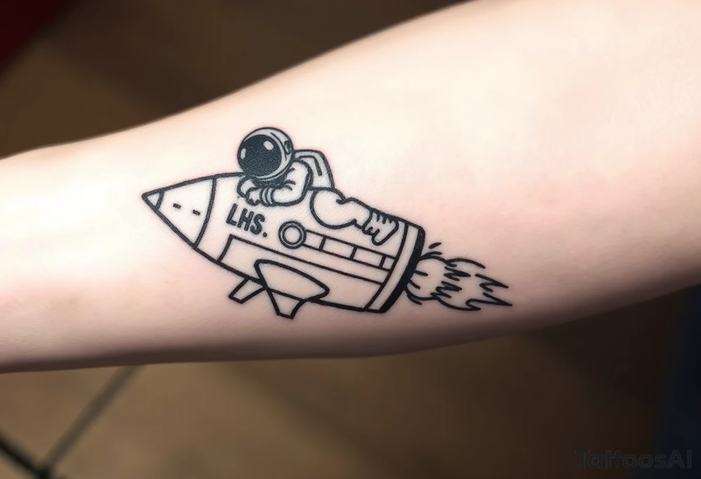 Busted Rocket ship with sparks coming out the back  with astronaut riding it. It has LHS written on it and K and J on the nose tattoo idea