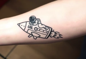 Busted Rocket ship with sparks coming out the back  with astronaut riding it. It has LHS written on it and K and J on the nose tattoo idea