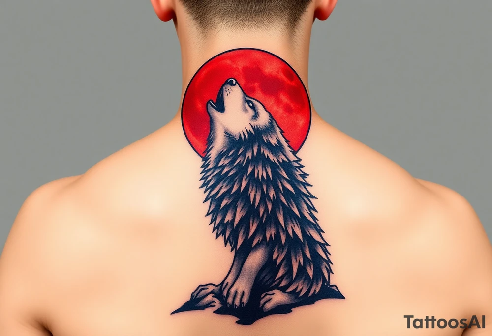 A wolf howling under a blood-red moon, in hues of dark red, black, and silver, symbolizing power and primal energy tattoo idea