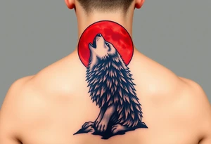 A wolf howling under a blood-red moon, in hues of dark red, black, and silver, symbolizing power and primal energy tattoo idea