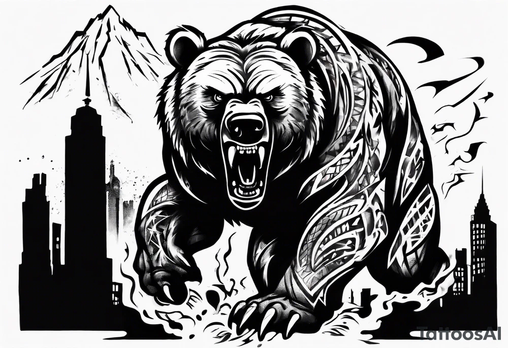Angry bear coming up behind a city tattoo idea