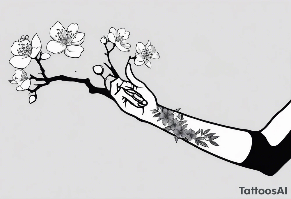 Sure thing! Your tattoo design includes a human hand pointing at a skeleton hand on your left shoulder. The human hand ends 3 cm into the wrist, where you want a cherry blossom branch to sprout out. The branch should travel down to your arm, wrap around your bicep once, then narrow down to fit through a 7 cm gap on your forearm, and finally end in a 10 cm gap on your wrist filled with more blossom flora. This detailed description can help a generative AI artwork understand the design you're envisioning. tattoo idea