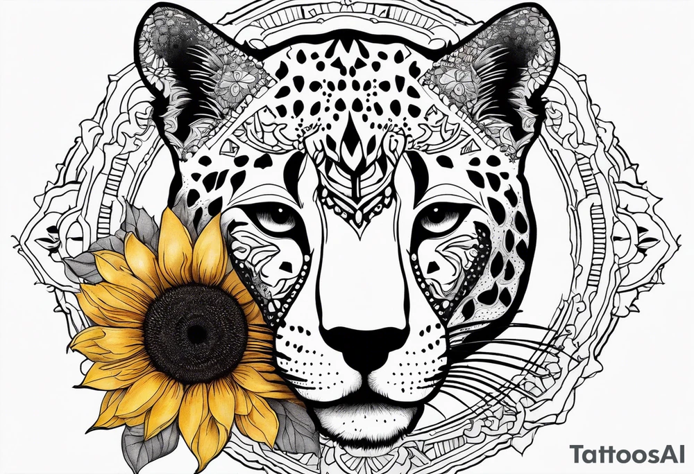 Ripped skin cheetah print with sunflower clusters and mandala tattoo idea