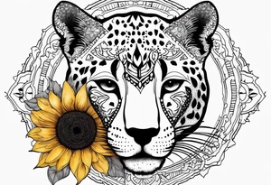 Ripped skin cheetah print with sunflower clusters and mandala tattoo idea