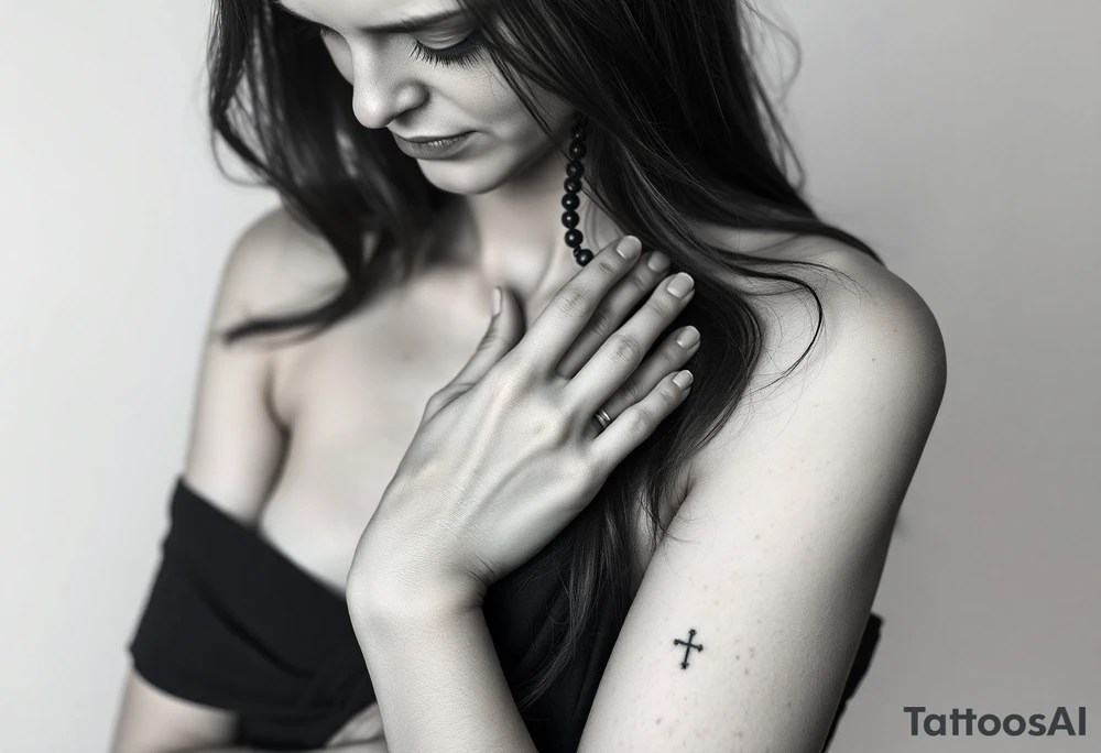 Woman praying with rosary in hands tattoo idea