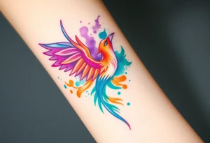 Phoenix in a fire with purple, blue, orange, teal and green splashes, looking upwards with a fierce eye. No black outline. tattoo idea