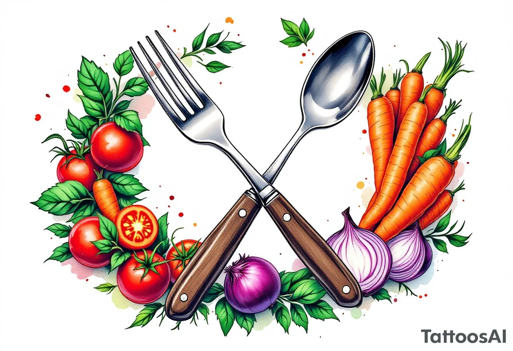 A realistic kitchen tattoo design showing a large silver kitchen knife with a dark brown wooden handle crossed over a shiny silver fork and spoon, all placed diagonally, surrounded by whole and sliced vegetables including bright red round tomatoes, leafy green basil, long orange carrots with green tops, and round purple onions with visible rings, all arranged in a circular wreath shape with a soft white background and subtle watercolor splashes of green, red, and orange for depth. tattoo idea