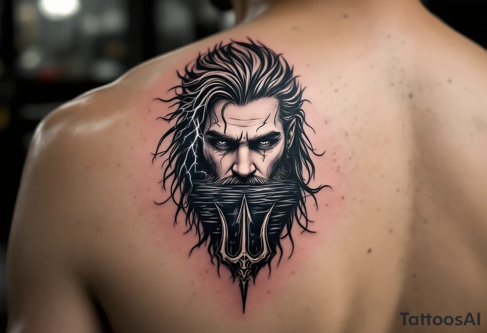 neptune with trident half way in calm water with lightning tattoo idea