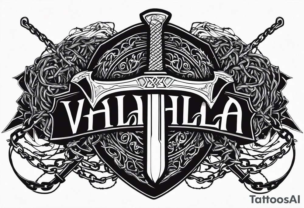 Valhalla  sword shield axe barbed wire chains tattoo idea
