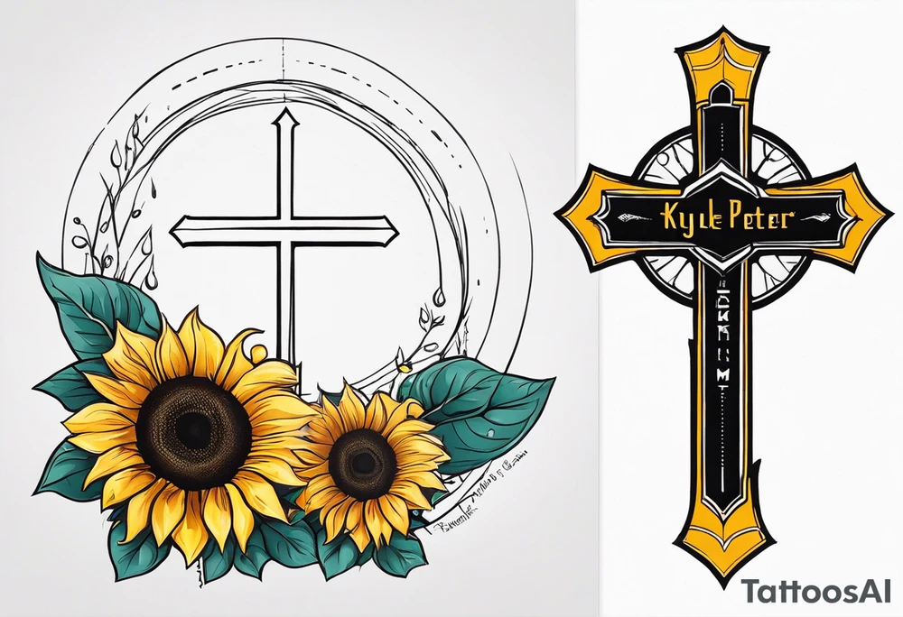 A central cross with the names Kyle Peter Lori on it with lighting a motorcycle and a sunflower around it tattoo idea