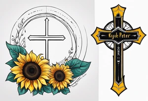 A central cross with the names Kyle Peter Lori on it with lighting a motorcycle and a sunflower around it tattoo idea