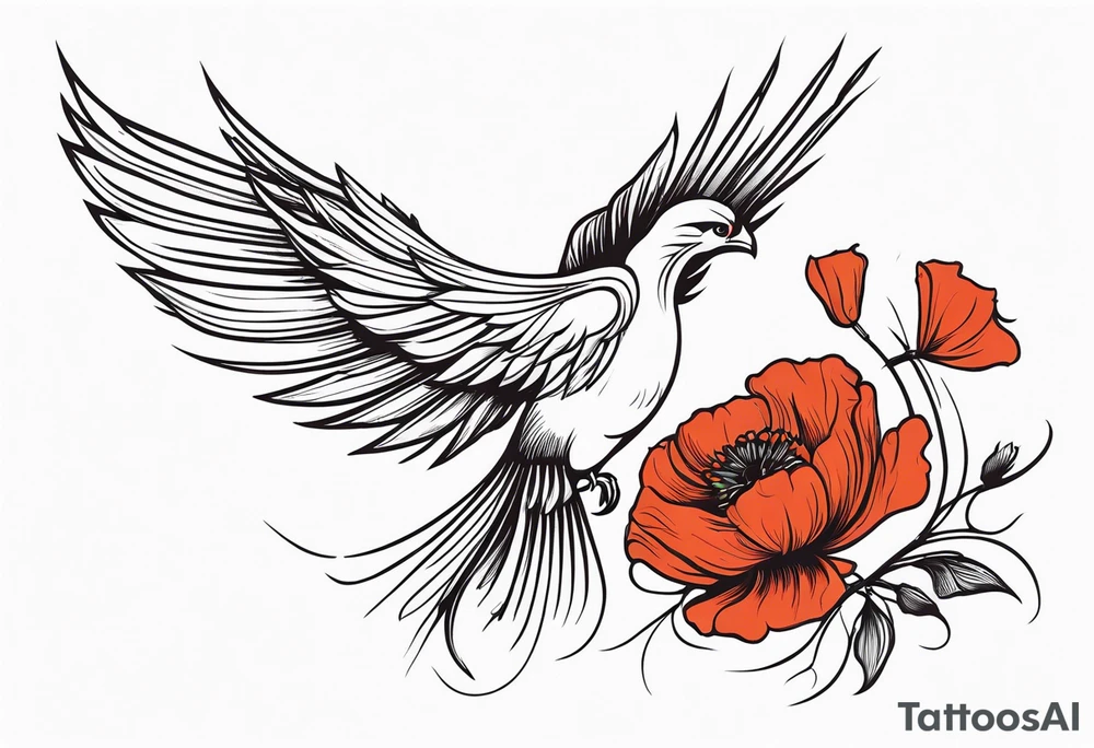 elongated phoenix in flight
in profile long tail with claws holding poppies falling tattoo idea