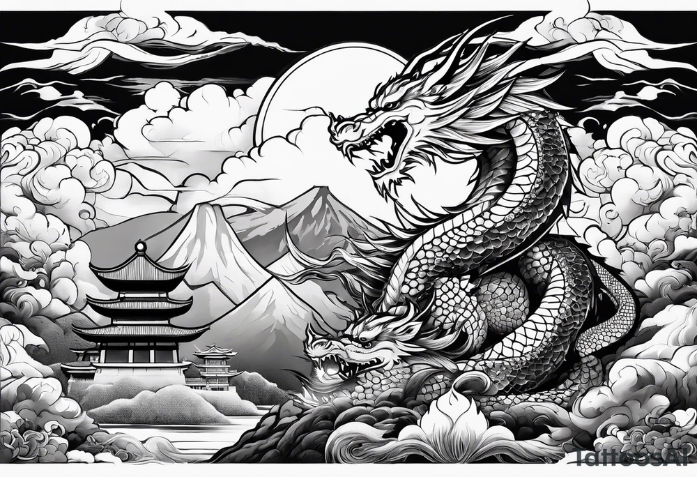 beautiful warrior fairy holding a sword and a dragon and the background will be mountains, clouds, and a Japanese building tattoo idea