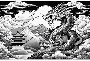 beautiful warrior fairy holding a sword and a dragon and the background will be mountains, clouds, and a Japanese building tattoo idea