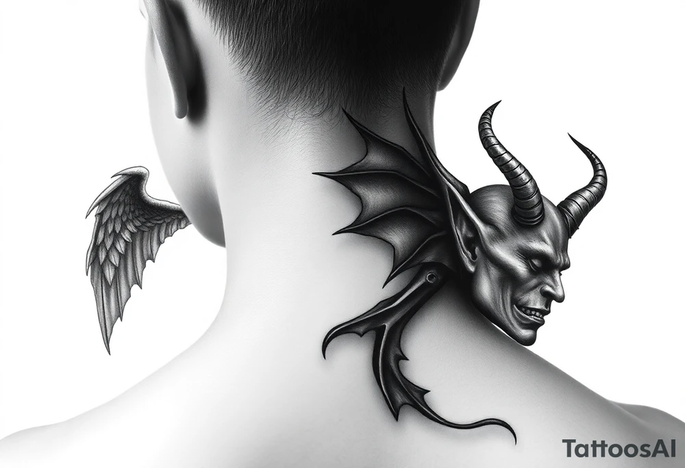 position behind the neck Angel (on the right) whispering in the right ear, demon (on the left) whispering in the left ear. It must be as realistic as possible. tattoo idea