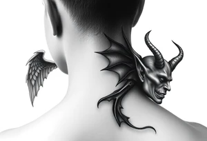position behind the neck Angel (on the right) whispering in the right ear, demon (on the left) whispering in the left ear. It must be as realistic as possible. tattoo idea