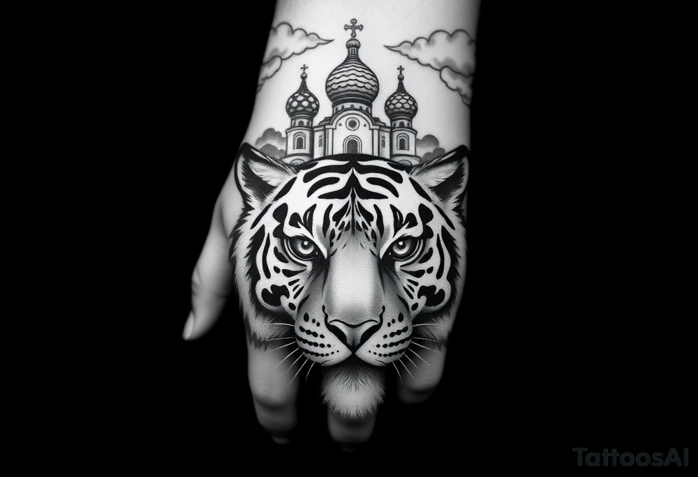 Realistic tiger face on the back of the hand with its eyes ALL black and no pupils, sitting beneath a Russian Orthodox cathedral sitting above on the top fore arm with onion domes and orthodox crosses. with clouds above and a virgin mary tattoo idea