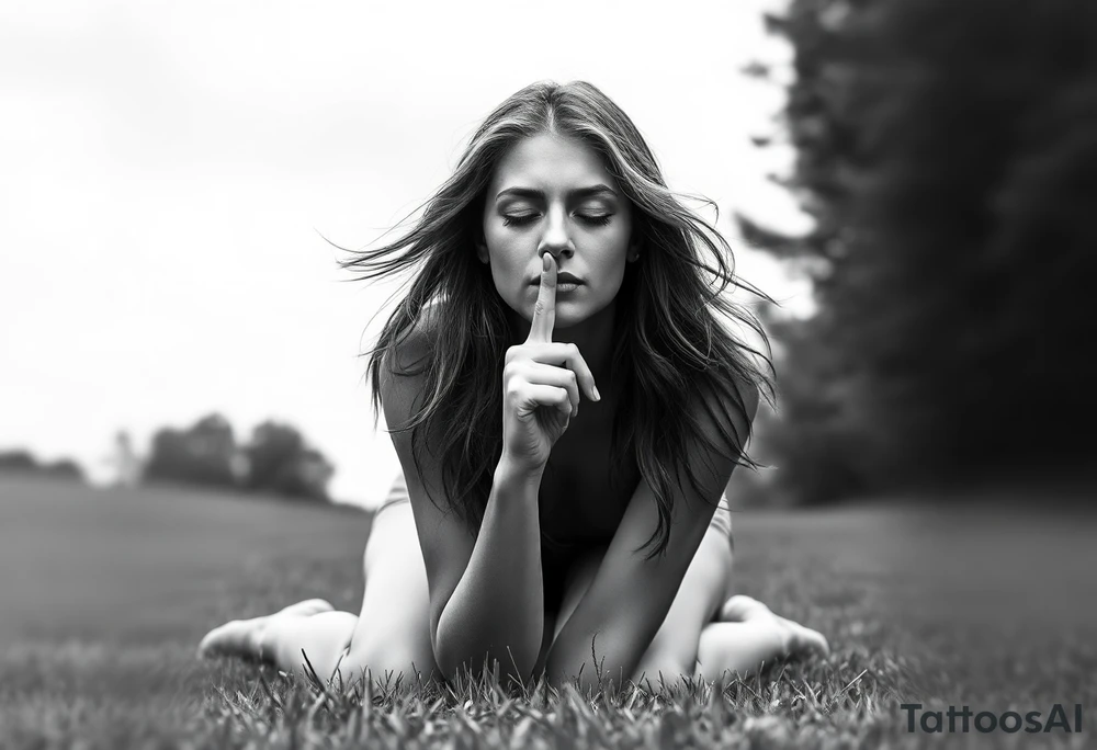 Theme: A powerful portrayal of the "See No Evil, Hear No Evil, Speak No Evil" concept, interpreted as a deliberate choice of selective perception and silence. The direct gaze and front-facing pose draw the viewer into her deliberate act of willful ignorance and secrecy.
Placement:  full front / full front thigh piece
Style realism black and grey).
Vibe: Striking,beautiful, and serene.
The Woman:
Pose: Kneeling on the grass, facing fully forward toward the viewer. The depiction will focus on her face, neck, upper chest, and torso.
Hair: Long hair flows forward and out to the sides, caught by the wind. It frames her face and shoulders.
Face - Eyes: Eyes are closed, emphasizing her active choice to close herself off.
Face - Nose/Mouth: A finger is held vertically to her lips in a "shush" or "don't speak" gesture, prominently visible centered on 
  Ears are seen bleeding and blood stains in the side in her left cheek 
Background/ Environment:
 Lush green grass where she is kneeling, at the very bottom of the composition.
Flowers roses and Beautiful  plumeria flowers bloom around her kneeling form,  framing her hips or flowing near the grass line. As the sun is setting 
Butterflies: Different sized butterflies flutter in the space around her chest and hair, adding organic movement.
Essential References & Inspiration
Examples of hair blowing forward in the wind, framing the face and chest.
Specific examples of the "shush" finger-to-lips pose from a front angle.
 pink plumeria and various butterflies. tattoo idea