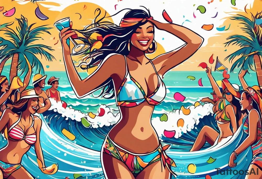 SURFING SAFARI BEACH DANCE 
PARTY WITH CONFETTI AND MUSIC NOTES, TROPICAL DRINKS, SEXY BIKINIS tattoo idea