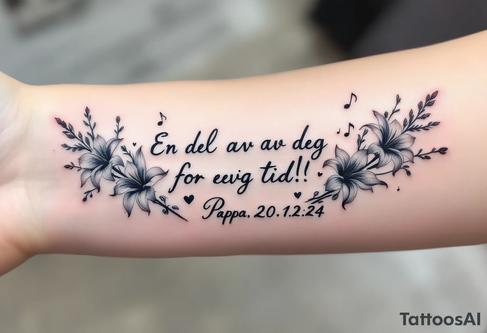 Quote in two rows; En del av deg for evig tid! Pappa, 20.12.24. Surround the quote with long gladioluses, music notes, hearts and an anchor tattoo idea