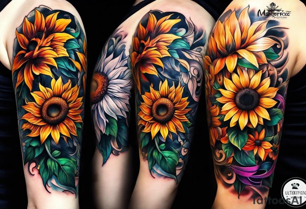 Colorful sunflower arm sleeve tattoo idea