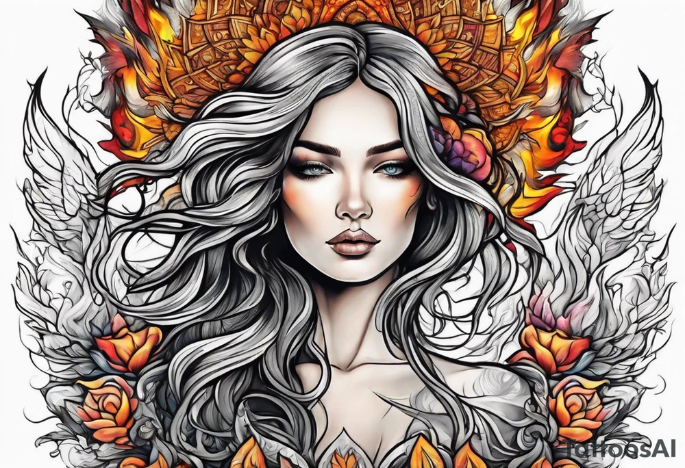 Resurrection strength and courage Beautiful Woman walking through fire and chaos to inner peace and self-love  ethereal tattoo idea