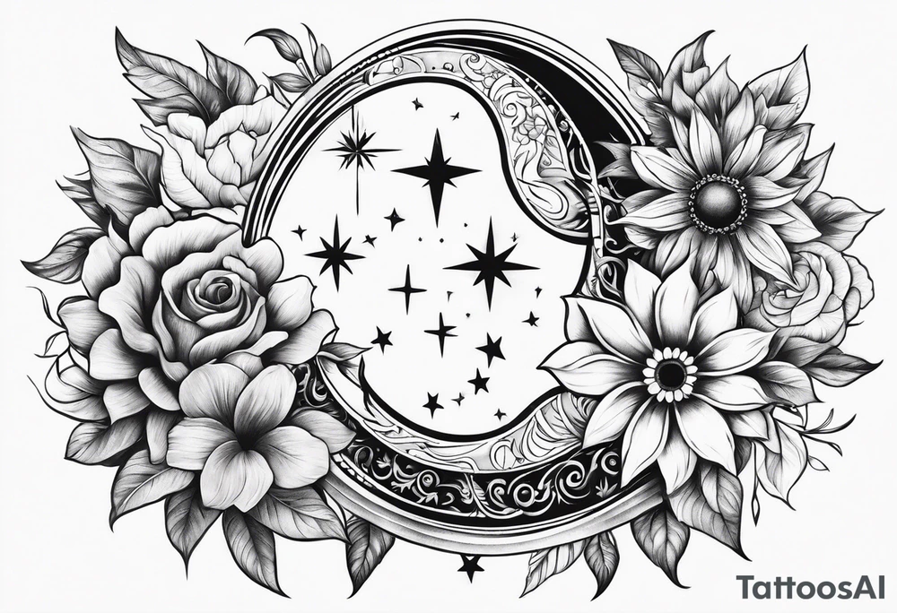 Floral sun and moon tattoo idea