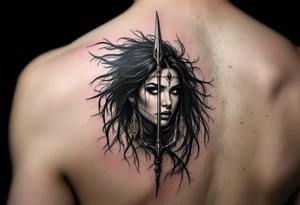 indian woman face with black hair behind trident tattoo idea