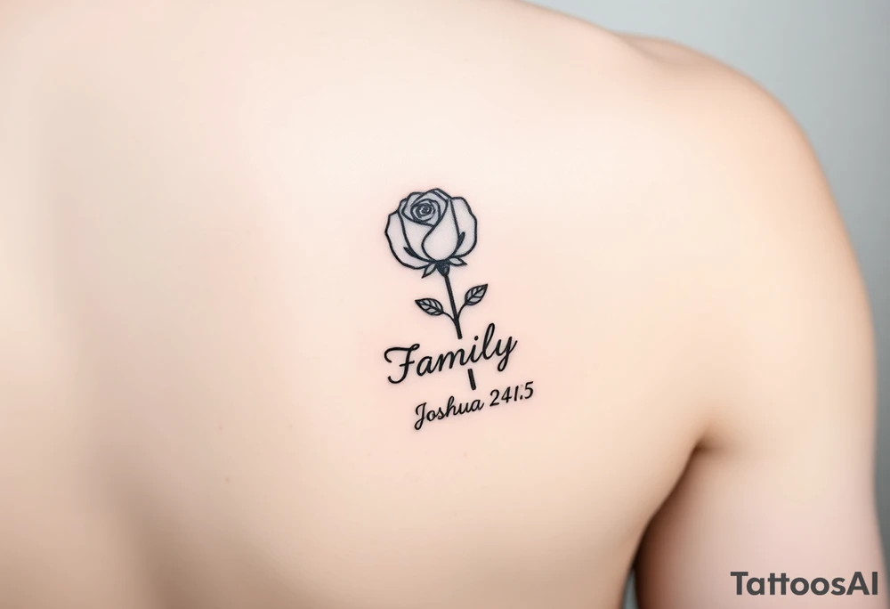 fine-line rose on my inner wrist, with the stem flowing down into the word Family in soft cursive, and Joshua 24:15 in tiny clean text underneath. photo of it tattoo idea