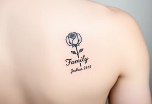 fine-line rose on my inner wrist, with the stem flowing down into the word Family in soft cursive, and Joshua 24:15 in tiny clean text underneath. photo of it tattoo idea