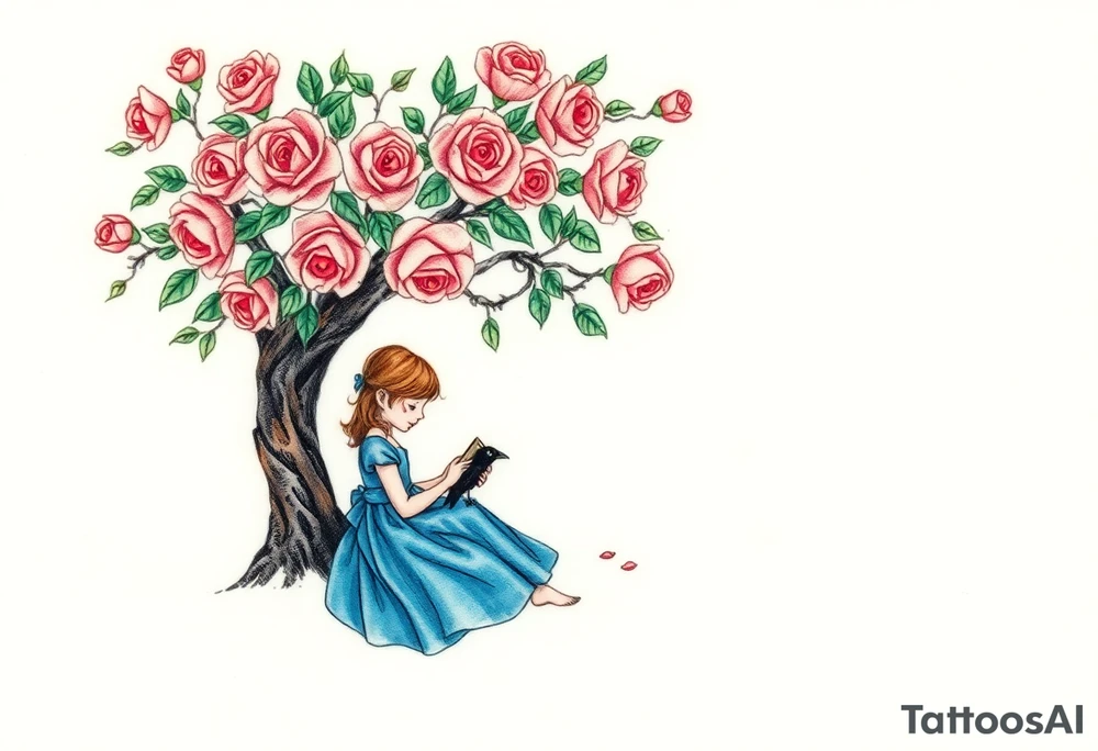 A tree of roses, a little girl wearing a blue dress sitting under it while reading. She has an orange.. A small raven watching her.


. tattoo idea