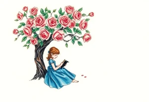 A tree of roses, a little girl wearing a blue dress sitting under it while reading. She has an orange.. A small raven watching her.


. tattoo idea