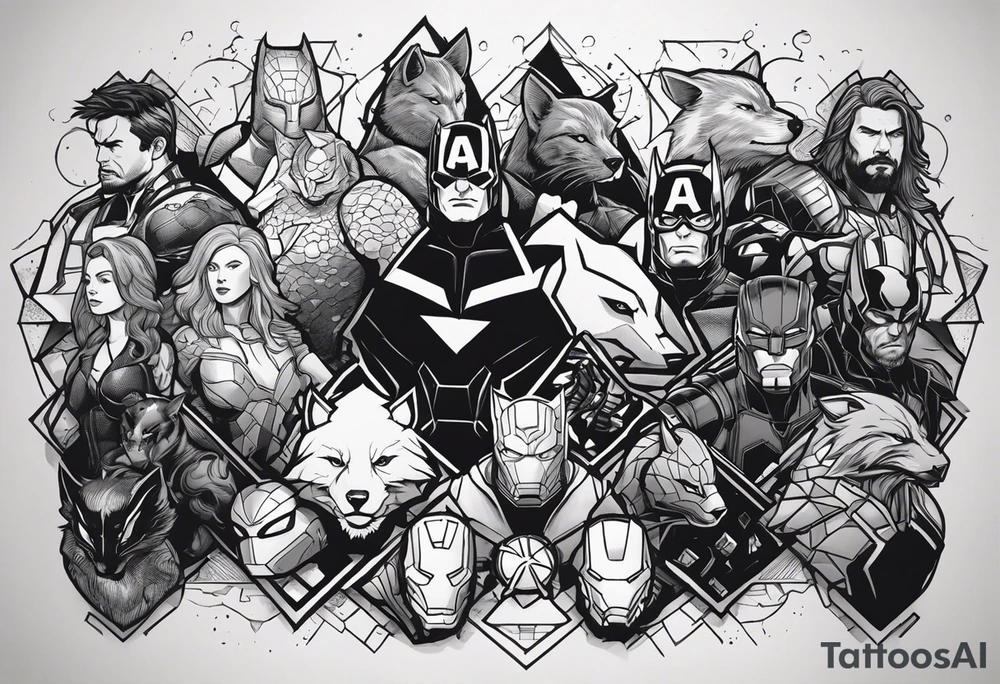 I want to change Avengers Team characters with animals. Hulk will be Badger, Thor will be Alpha Grey Wolf, Captain America will be Bull, Iron Man will be Canary, Black Widow will be Axolotl, Hawk Eye will be Sudan Plated Lizard and Nick Fury will be Cat. tattoo idea