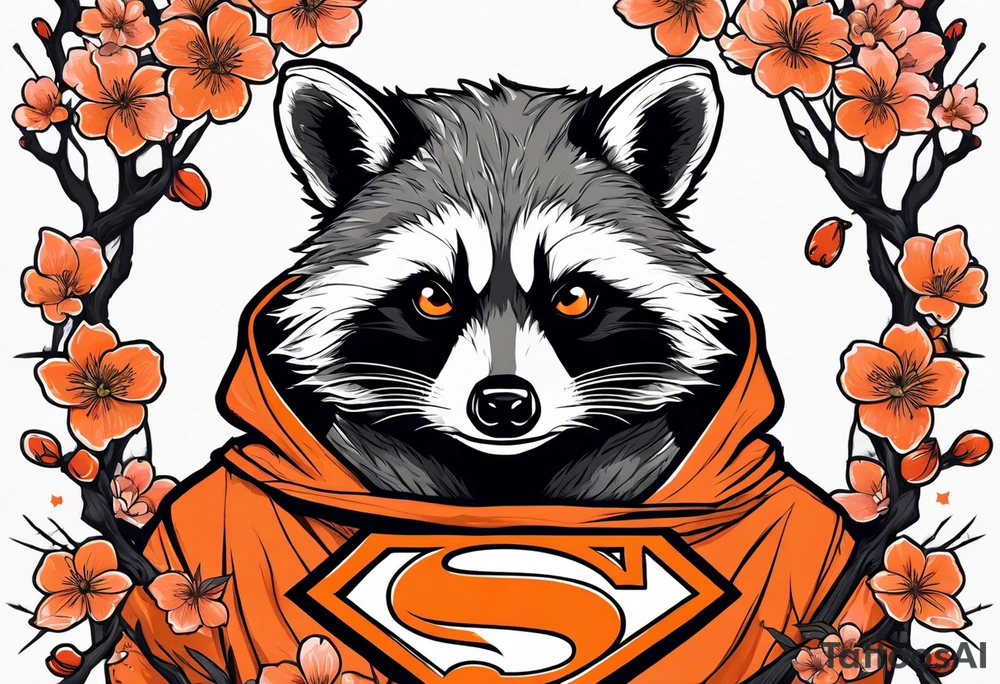 Raccoon wearing a white Superman logo on a black hoodie and orange Japanese cherry blossoms tattoo idea