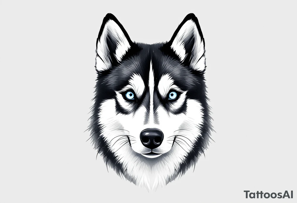Majestic Husky Portrait – Realistic black and white husky with icy blue eyes, facing forward, detailed fur texture, with a soft gray watercolor background. tattoo idea