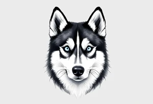 Majestic Husky Portrait – Realistic black and white husky with icy blue eyes, facing forward, detailed fur texture, with a soft gray watercolor background. tattoo idea