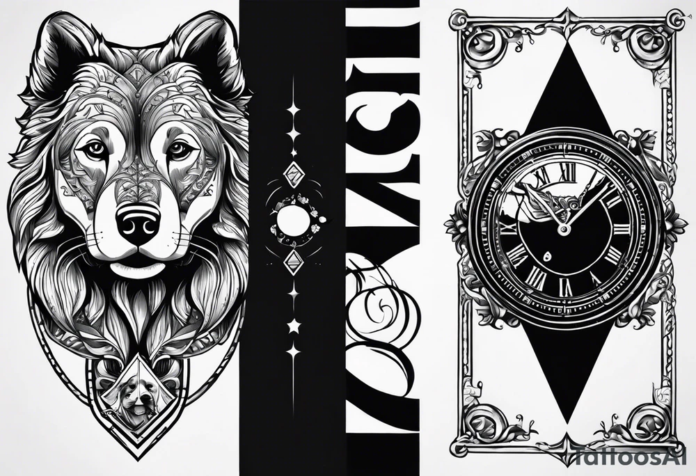 a tattoo mixing a clock and an hourglass in black and white where the year 1979 appears. and a golden retriever head tattoo idea