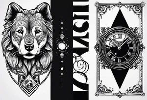 a tattoo mixing a clock and an hourglass in black and white where the year 1979 appears. and a golden retriever head tattoo idea