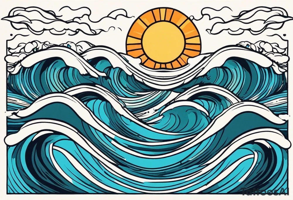 ocean waves with sun tattoo vintage traditional simple and bold colors
within borders tattoo idea