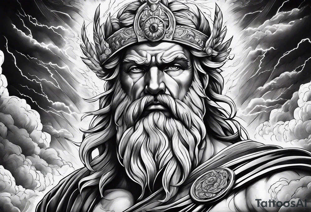 Zeus in surrounded by a storm tattoo idea