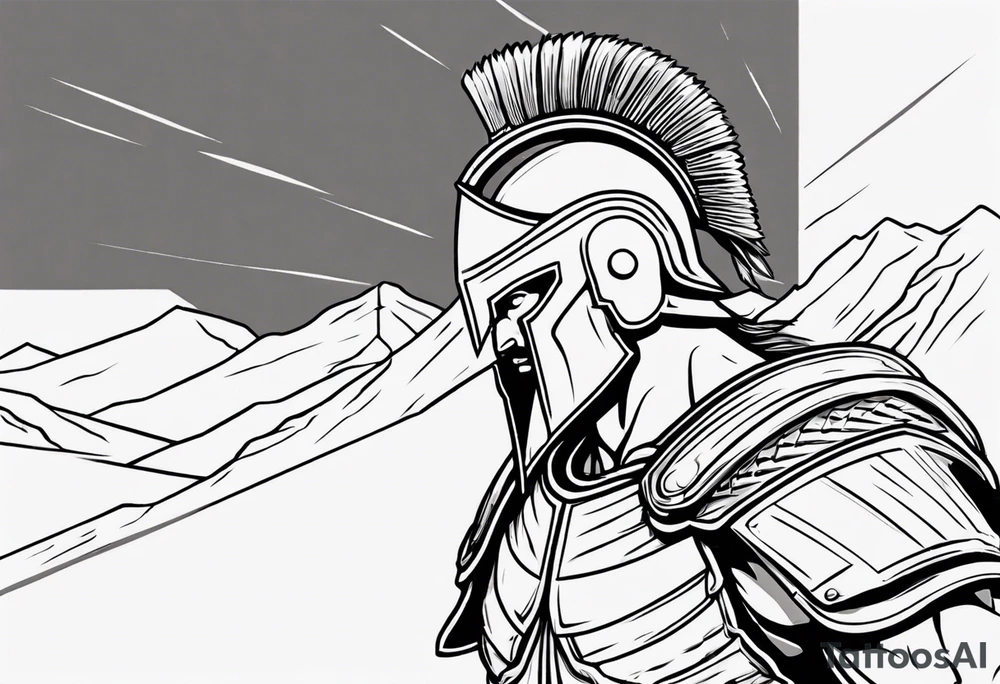 rectangular landscape format ultra-fine line linework vector of a spartan from the side, spartan spear, spartan shield, laurel wreath tattoo idea