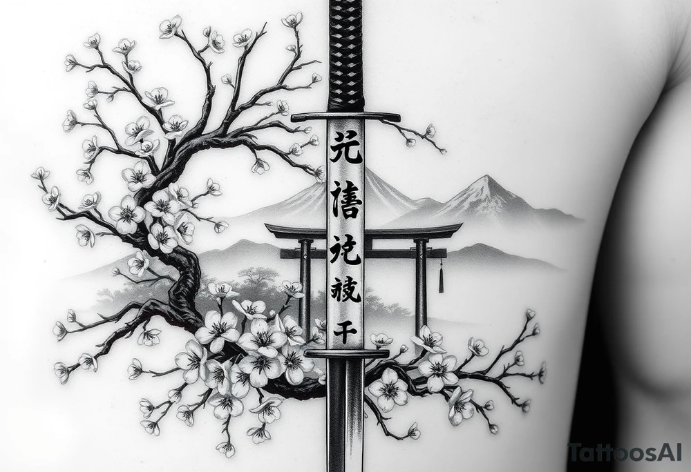 This is a black and gray realism tattoo rooted in discipline, duality, and intention. The centerpiece is a vertical katana, modeled after your original ink, clean and upright like a spine—symbolizing focus, precision, and grounded energy. It’s wrapped in the flowing limbs of a sakura tree, not as an accessory, but as an extension of the blade itself—representing beauty that blooms in adversity. Cherry blossoms aren’t scattered for aesthetics—they move with the wind, some drifting in the foreground, others clinging to the sword like it’s their protector. Behind it all sits a misty torii gate and layered mountains, giving the piece weight, history, and spiritual context. The kanji 平和の剣 (“Sword of Peace”) rides the piece vertically, not slapped on but earned—a message that resonates from the blade outward. The shading is deep and unifying, giving everything one breath, one tone, one story. Nothing floats, nothing competes. The sword doesn’t dominate the art—it becomes the axis around which peace, nature, and power orbit. tattoo idea