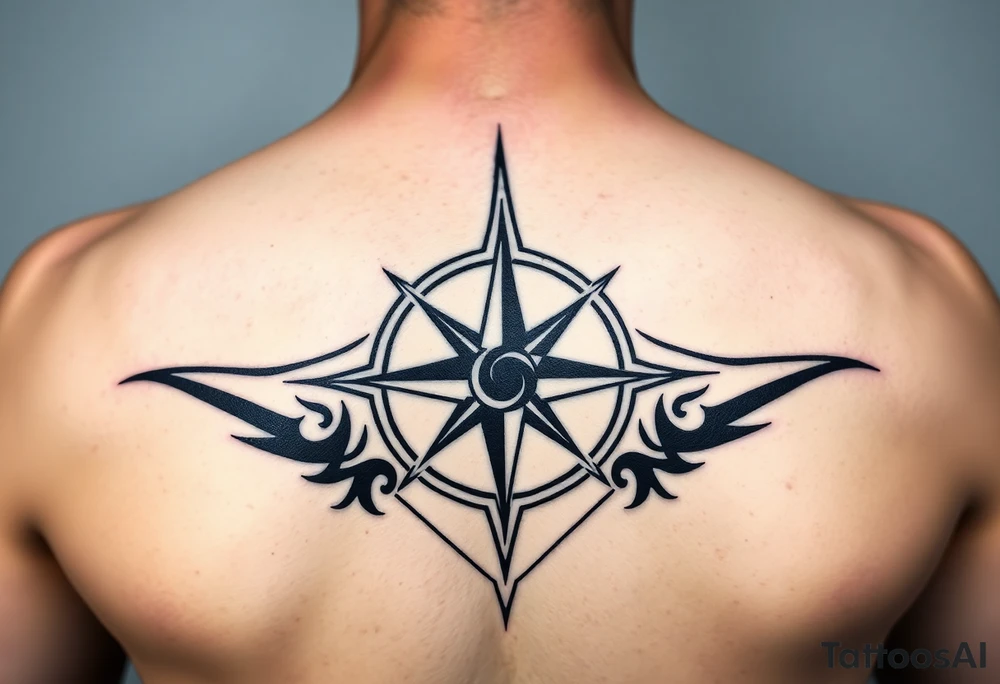 A sharp edged rip curl wave inside of an elongated diamond infront of a compass rose tattoo idea